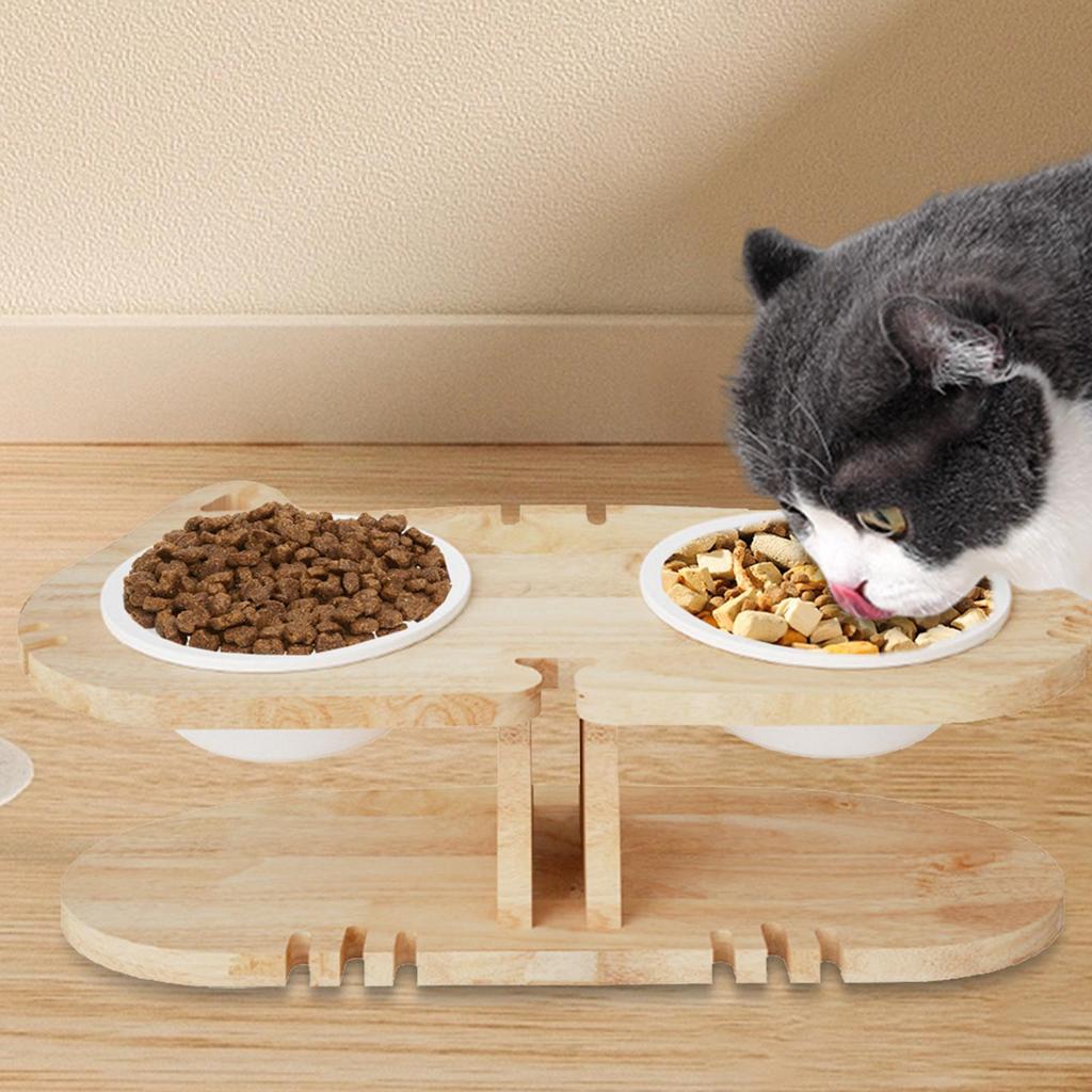 Tilted Cat Feeding Bowls Elevated Non-Slip Pet Feeding Dishes With Wood Stand Raised Tilted Cat Feeder For Indoor Household