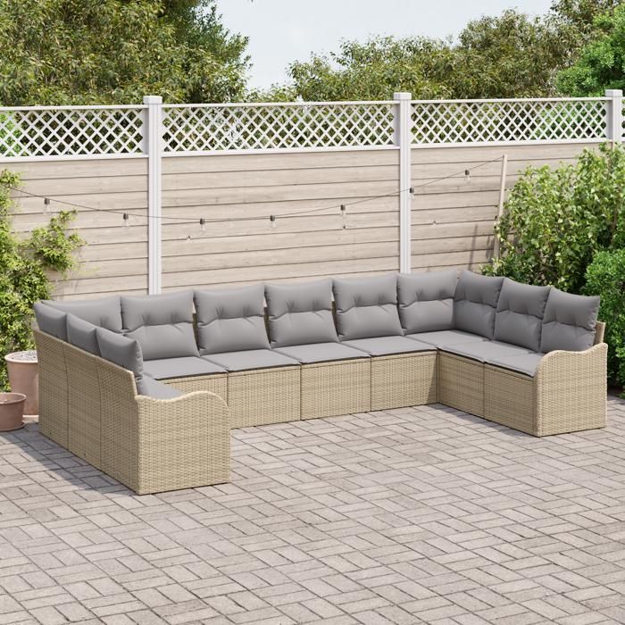 VidaXL Ensemble de Canapé de Jardin 10 Pièces avec Coussins Beige Rattan Synthétique 3345880