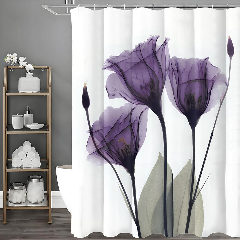 Purple Floral Botanical Green Leaf Shower Curtain, Bathroom Decorative Shower Curtain, Waterproof Shower Curtain with Hooks