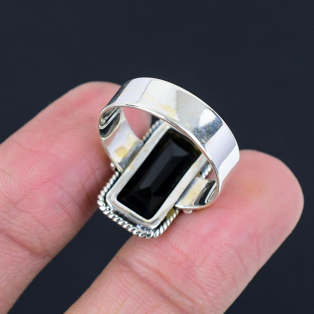 8X18 mm Natural Black Onyx Gemstone 925 Sterling Silver Handmade Baguette Shape Ring For Women & Girls