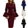 Women's Fashion Color Round Neck Puff Sleeve Fitted Long Sleeve Dress