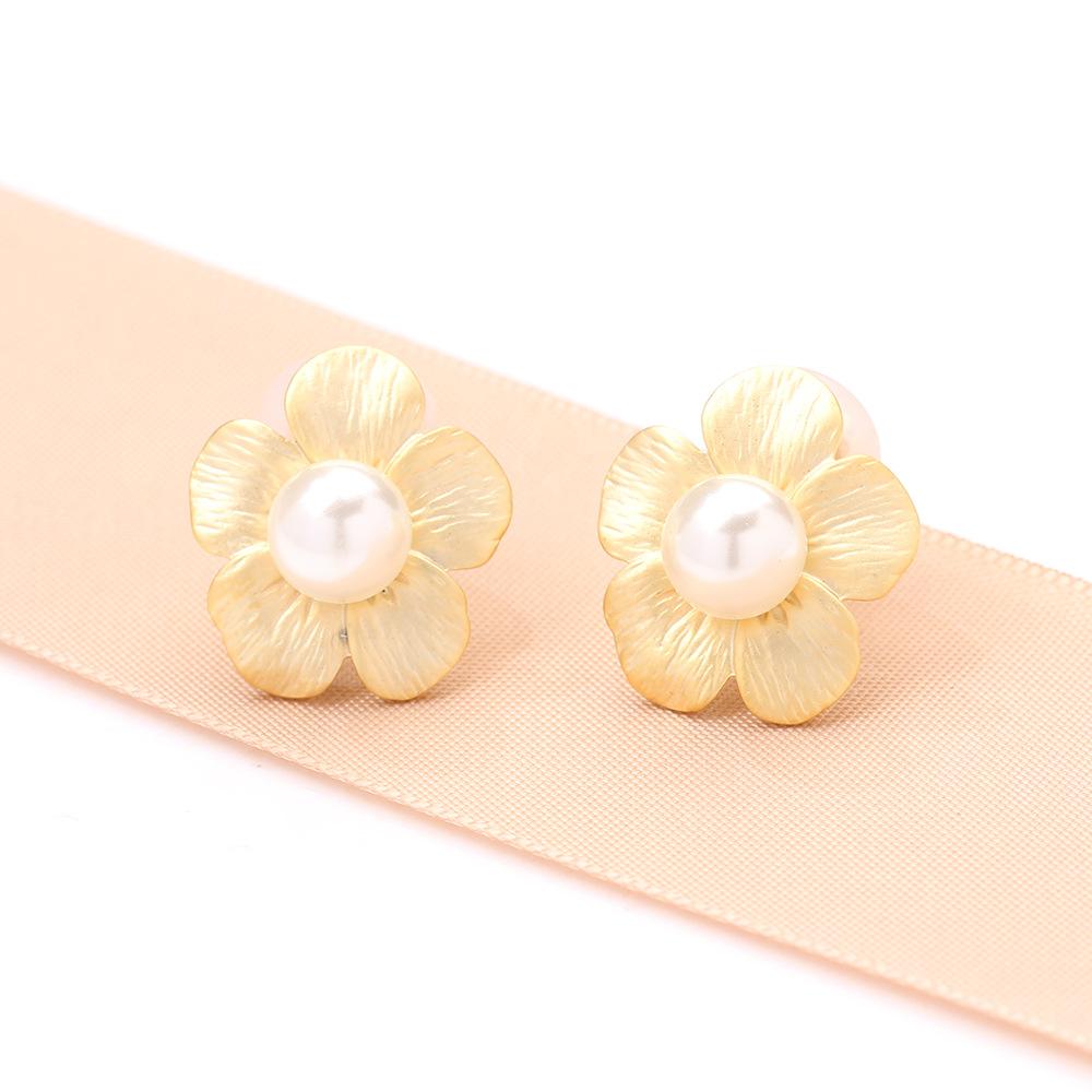French retro matte gold and silver flower earrings temperament imitation pearl no earrings earclip earrings women's versatile
