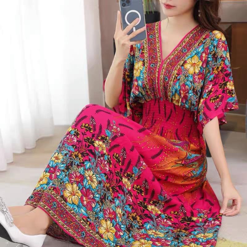 Ethnic Style V-neck Cotton and Silk Short-sleeved Beach Dress Thailand Travel Dress Summer Print Vacation Floral Skirt