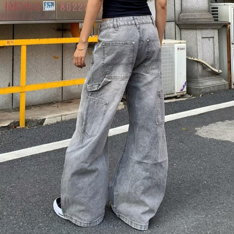 Mens Relaxed Fit Straight Leg Denim Pants Vintage Patchwork Washed Cotton Workwear Style