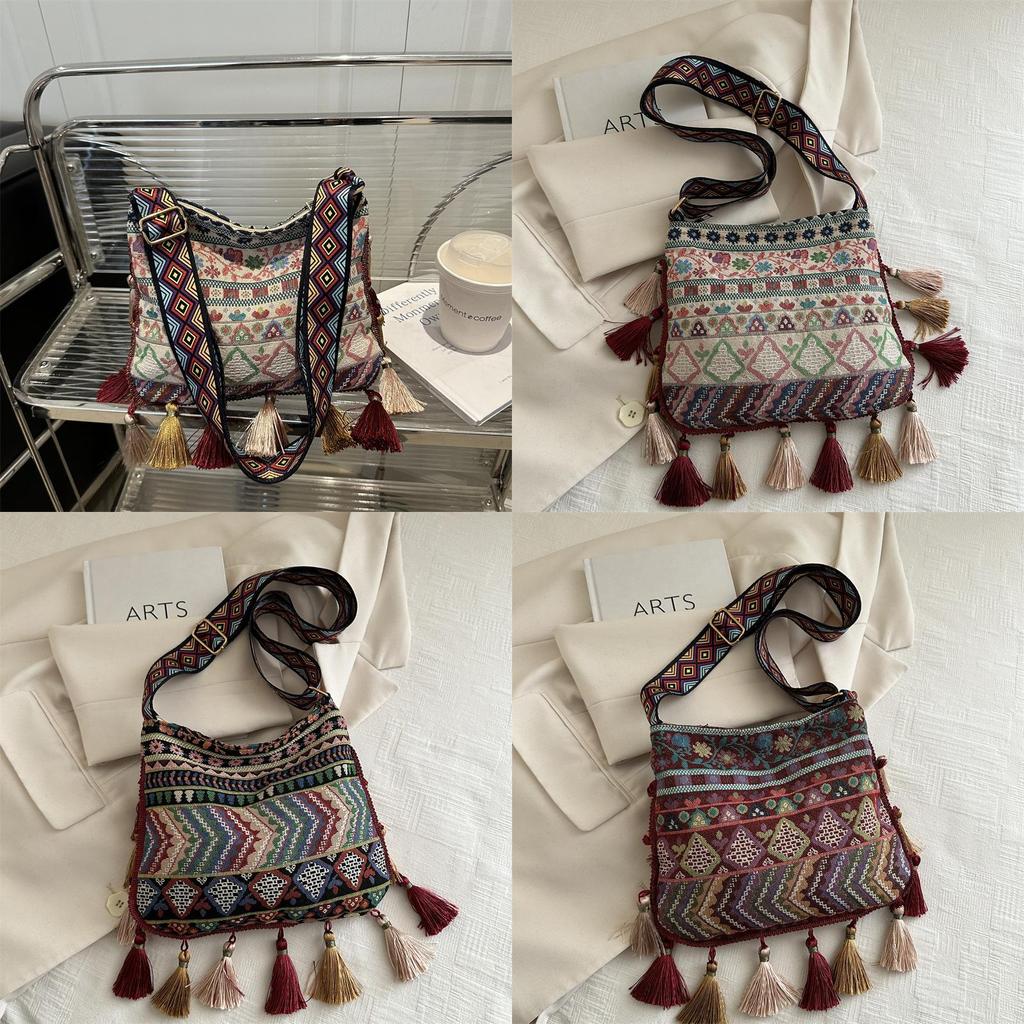 Ethnic Style Fringe Single Shoulder Bag With Zipper Closure For Daily Use
