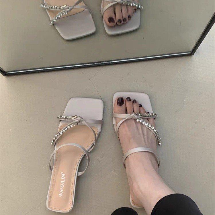 French low-heeled open-toed square head beautiful slippers female summer wear versatile not tired feet fairy wind slope heel fashion sandals