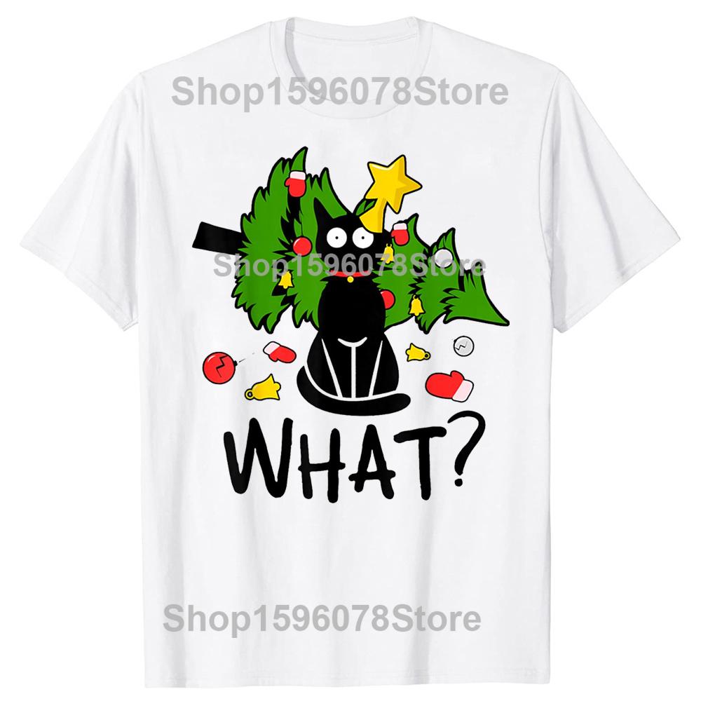 Funny Black Cat Christmas Tree Merry Xmas Humor Cat What Tshirts Men Fashion Cotton Oversized Crewneck Collar Hip Hop T Shirt