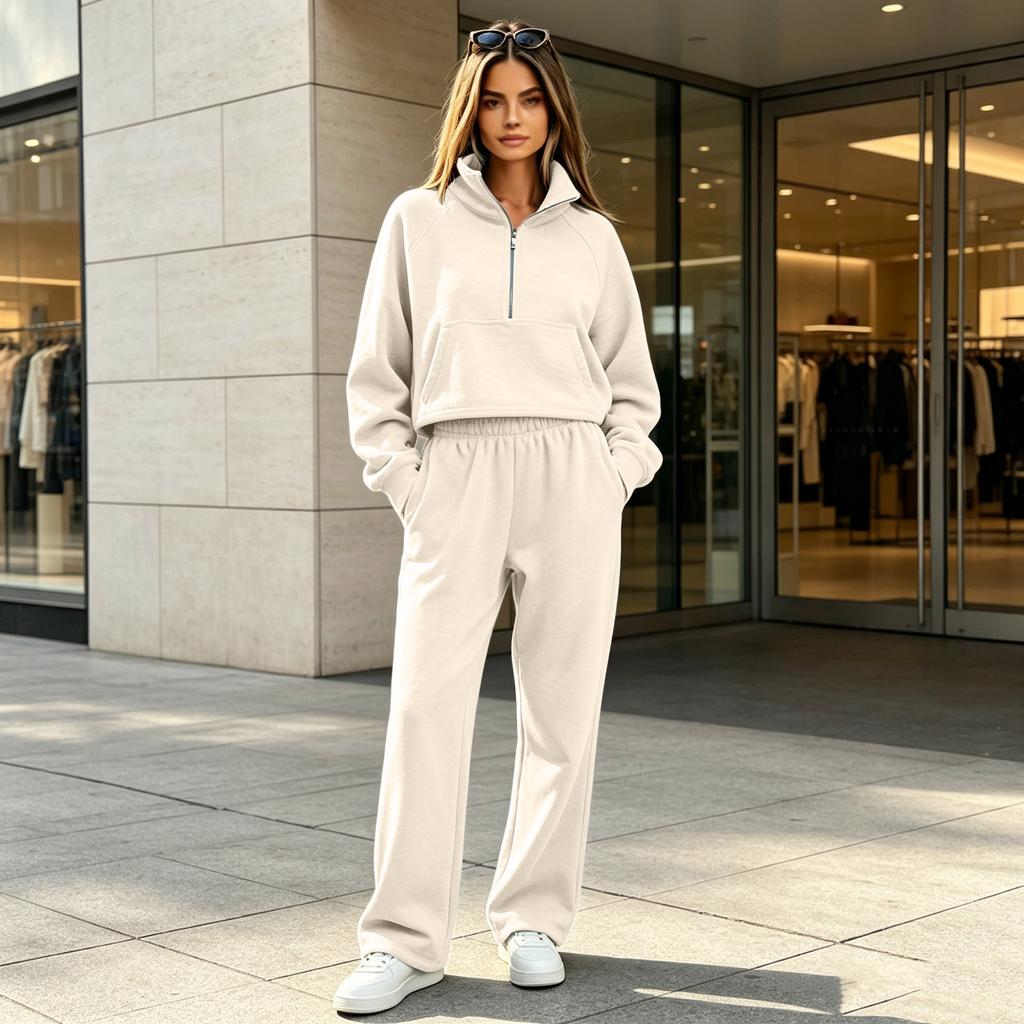 Women's Lined Half Zip Hoodie and Wide Leg Pants 2 Piece Sweatsuit for Fall Winter