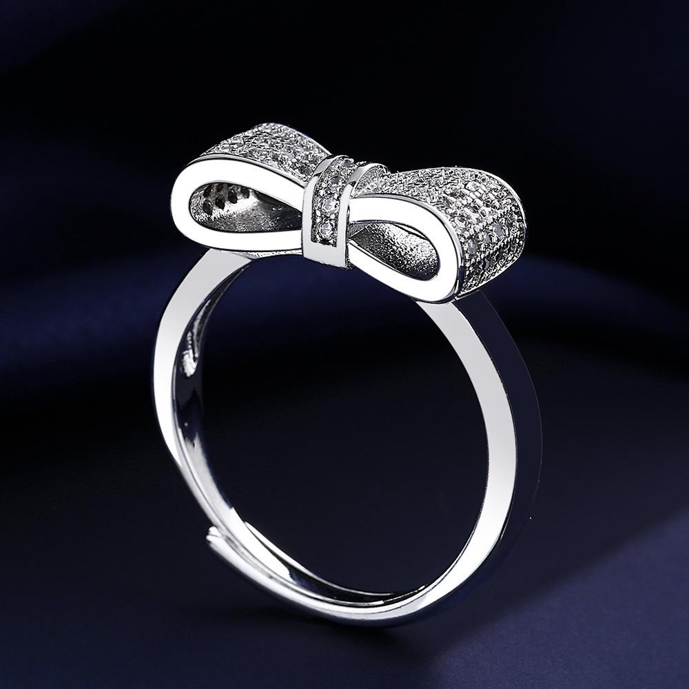 925 Sterling Silver Korean Fashion Bowknot Cubic Zirconia Adjustable Full Paved Ring for Women Cross Border Hand Jewelry in Stock