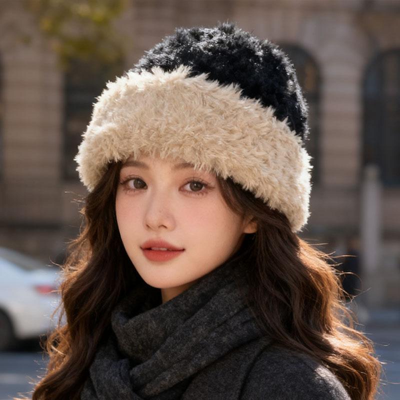 Versatile Cold-proof and Warm Wool Hat Japanese Retro Splicing Plush Ear Protection Knitted Hat
