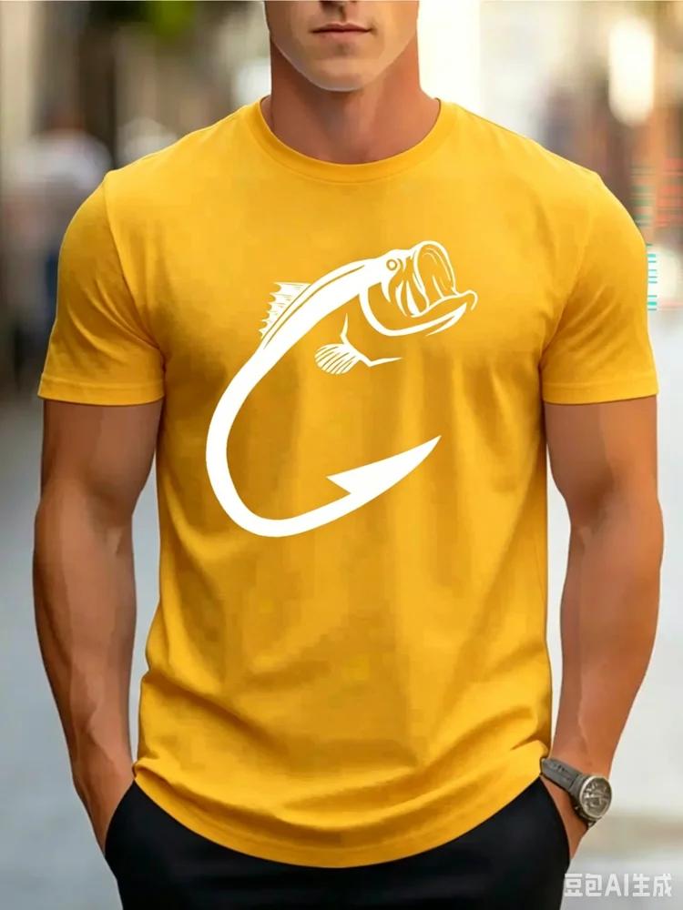 Fashion Fishing Pattern Printed T-shirt Funny Fish Graphic T Shirt Summer Casual Crew Neck Short Sleeve Street Tops