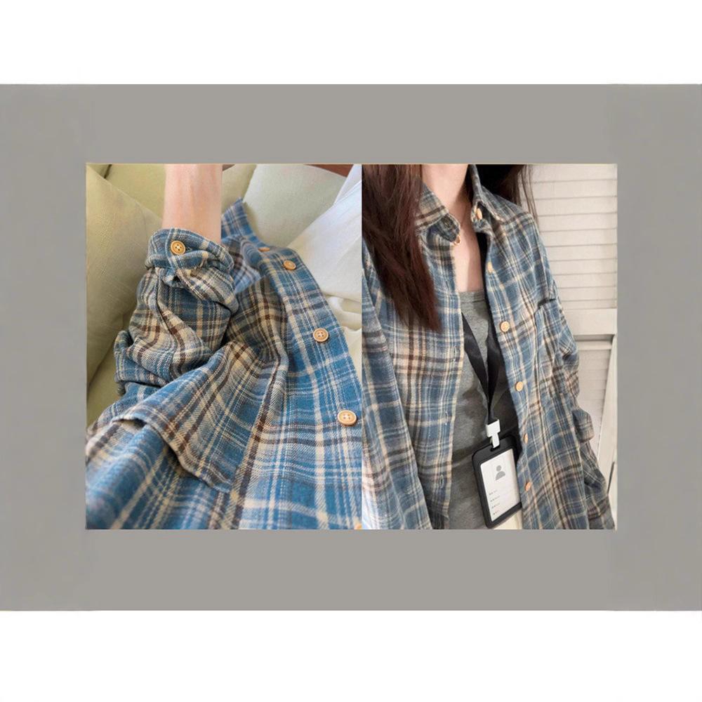 2025 Women's Retro Blue Plaid Shirt Jacket - Loose Fit, Long Sleeve for Spring & Autumn