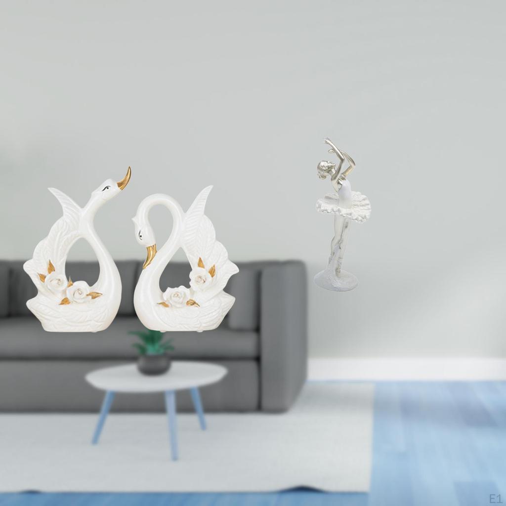 Elegant Swan Couple And Dancing Ballerina Ceramic Animal Sculpture Desktop Ornament for Bookshelf