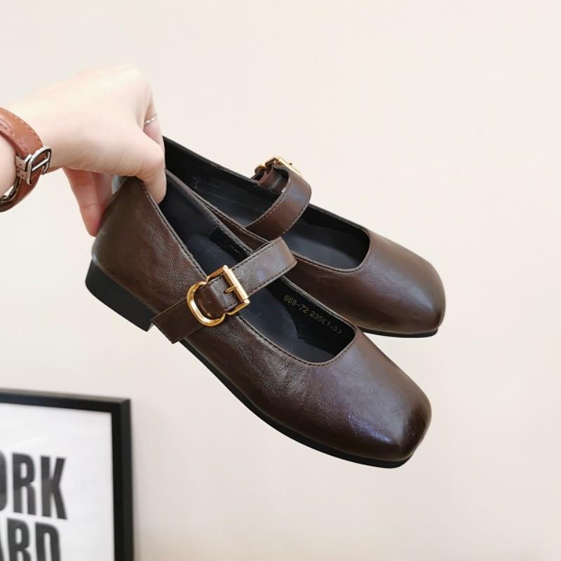Spring and Autumn New Retro Versatile Mary Jane Shoes Flat Bottom Square Head One-word Buckle Belt Shallow Mouth Single Shoes Women