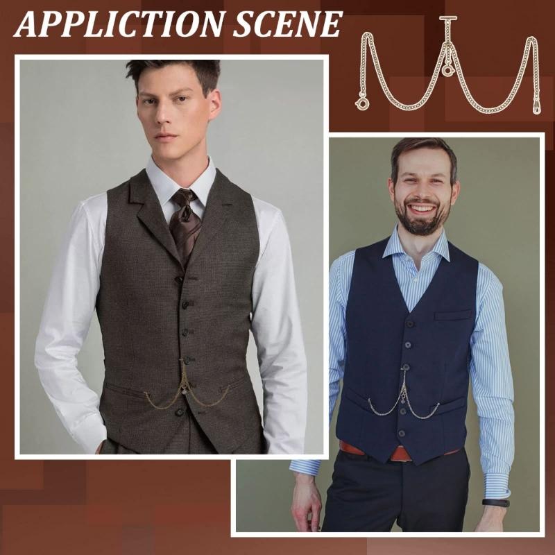 Men Double Albert Chain Pocket Watch Curb Link Classic Antique T-Bar Watch Chain for Pocket Watch Keys Pendants