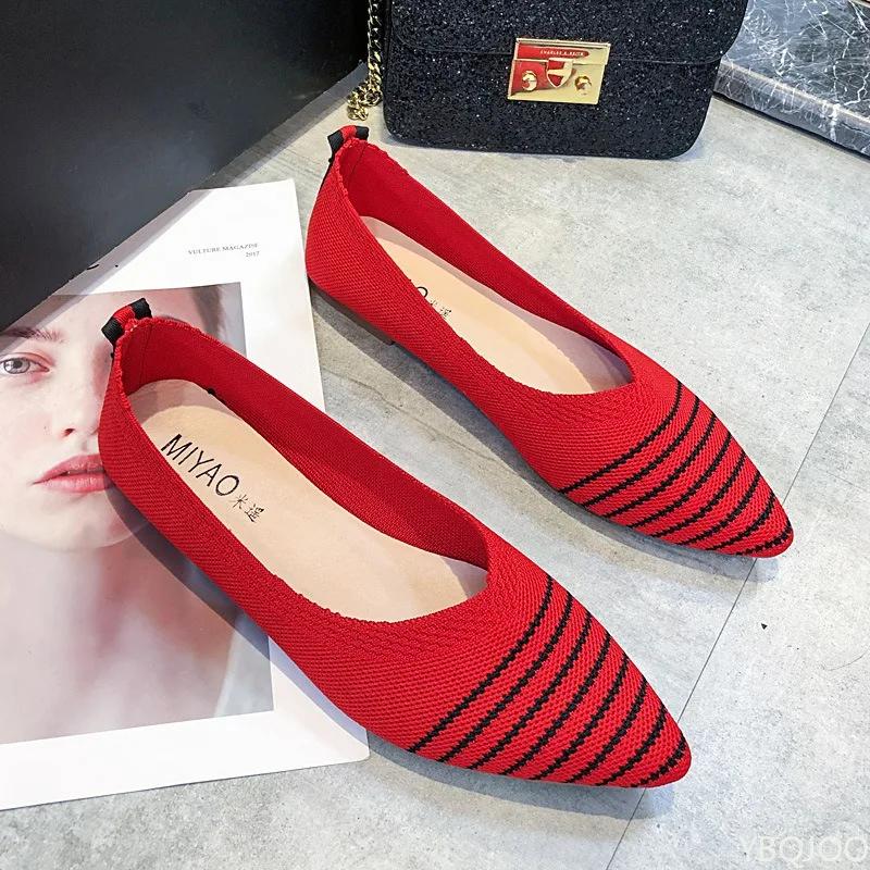2026 New Fashionable Casual Soft Soled Breathable Women's Shoes Solid Color Shallow Mouth Pointed Knitted Women's Flat Shoes