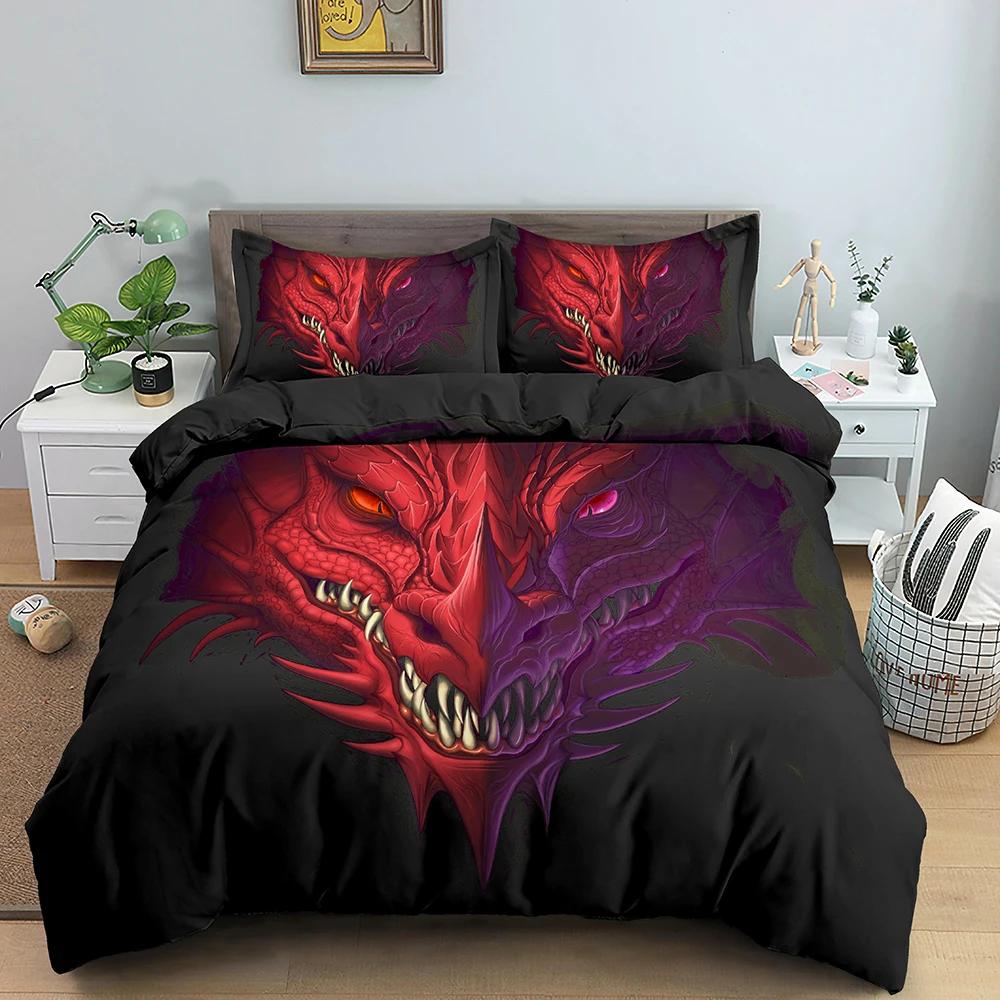 Red Dragon King Queen Duvet Cover Western Mythical Animals Bedding Set For Kids Teens Adults Magical Creature 2/3Pcs Quilt Cover
