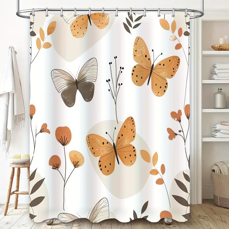 Elegant Butterfly Bathroom Shower Curtain Autumn Leaves Decor Fabric Bath Mat Set For Home Decoration (Black)