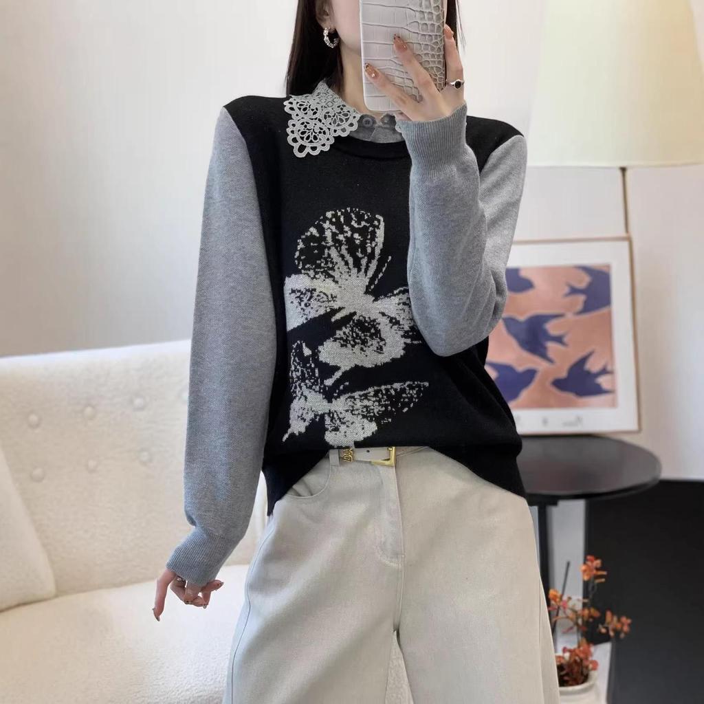 Women's Retro Color Block Lace Knit Sweater with Lapel