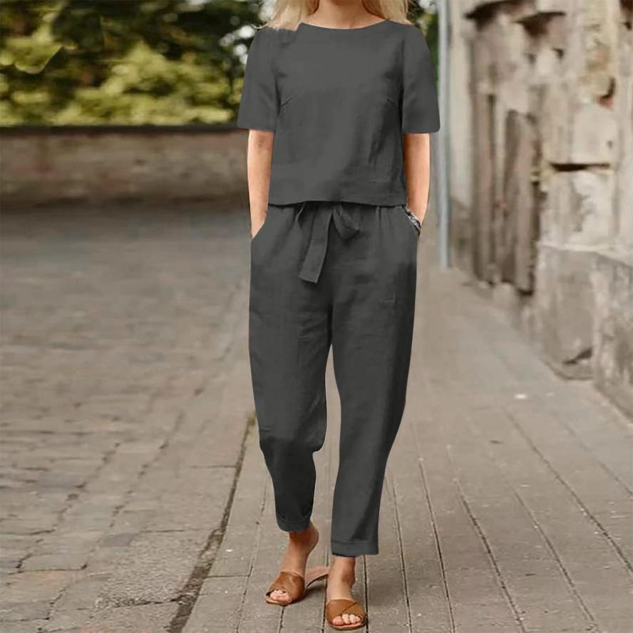 Women's Plus Size Cotton Retro Short Sleeve Crew Neck Straight Leg Tied Trousers Sets