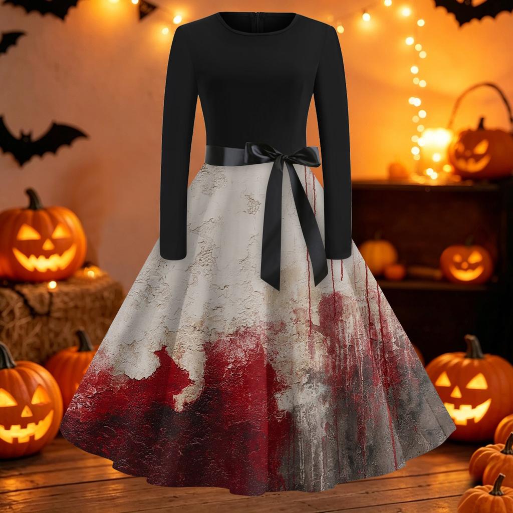 Women's Casual Long Sleeve Fit and Flare Dress Round Neck Halloween Print Full Skirt Midi Dress with Waist Tie Belt