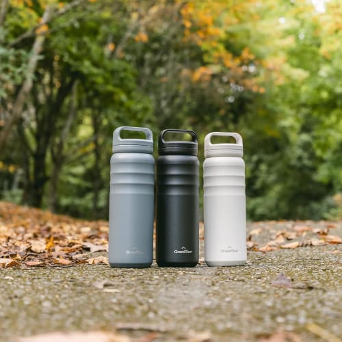 GRANDTIES Premium Vacuum Insulated Water Bottle, Stainless Steel Wide Mouth, 709ml - Includes Two Lids & Easy-to-Clean Large Opening (Stone Gray)