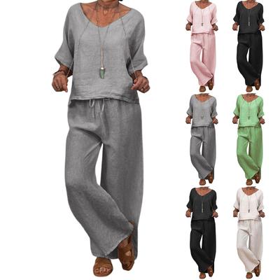 Women's Casual Mid Sleeve Low Round Neck Loose Wide Leg Long Pants Set
