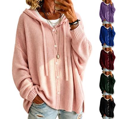 Women's Color Hooded Knit Cardigan with Buttons for Casual Daily Wear