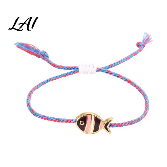 Colorful Striped Rope Bracelet Small Fish Handmade Braided Bracelet Boho Cute Woven Summer Beach Wrist Accessories String Adjustable Wristband