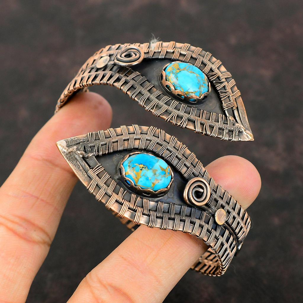 Miedziana Bransoletka Turkusowa Miedziana Bransoletka Miedziana Opleciona Kamieniem Szlachetnym Miedziana Biżuteria Ręcznie Robiona Bransoletka Mankieta Prezent Dla Niego