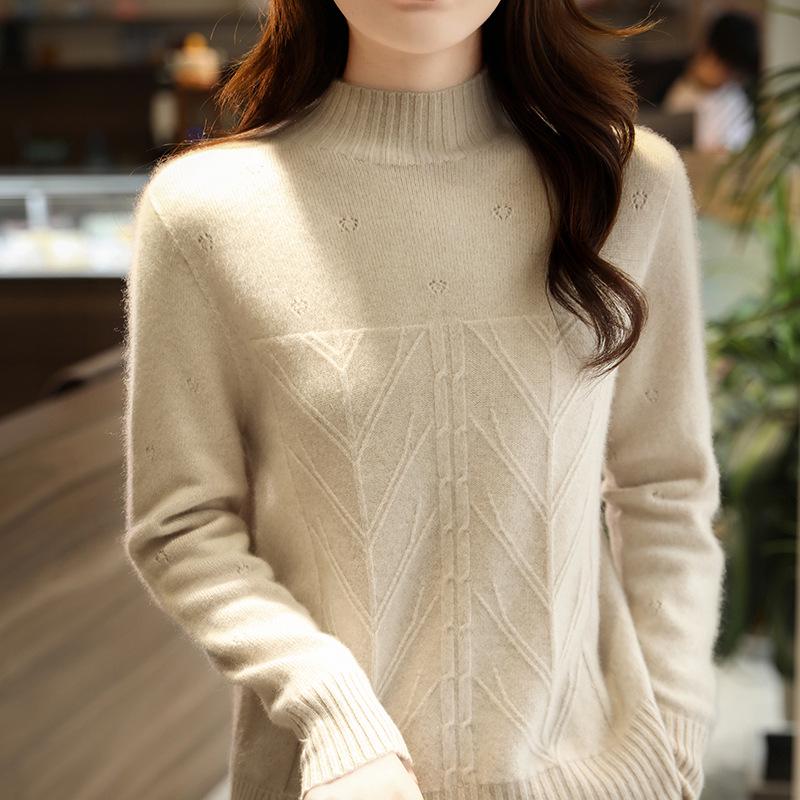 Fall/Winter Women's 100% Pure Wool Heart Jacquard High Neck Sweater Pullover