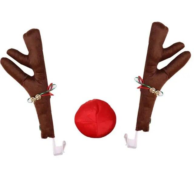 Reindeer Decoration Car Vehicle Nose Horn Costume Decor Set Rudolph Christmas Reindeer Antlers Red Nose Ornaments Elk Antler