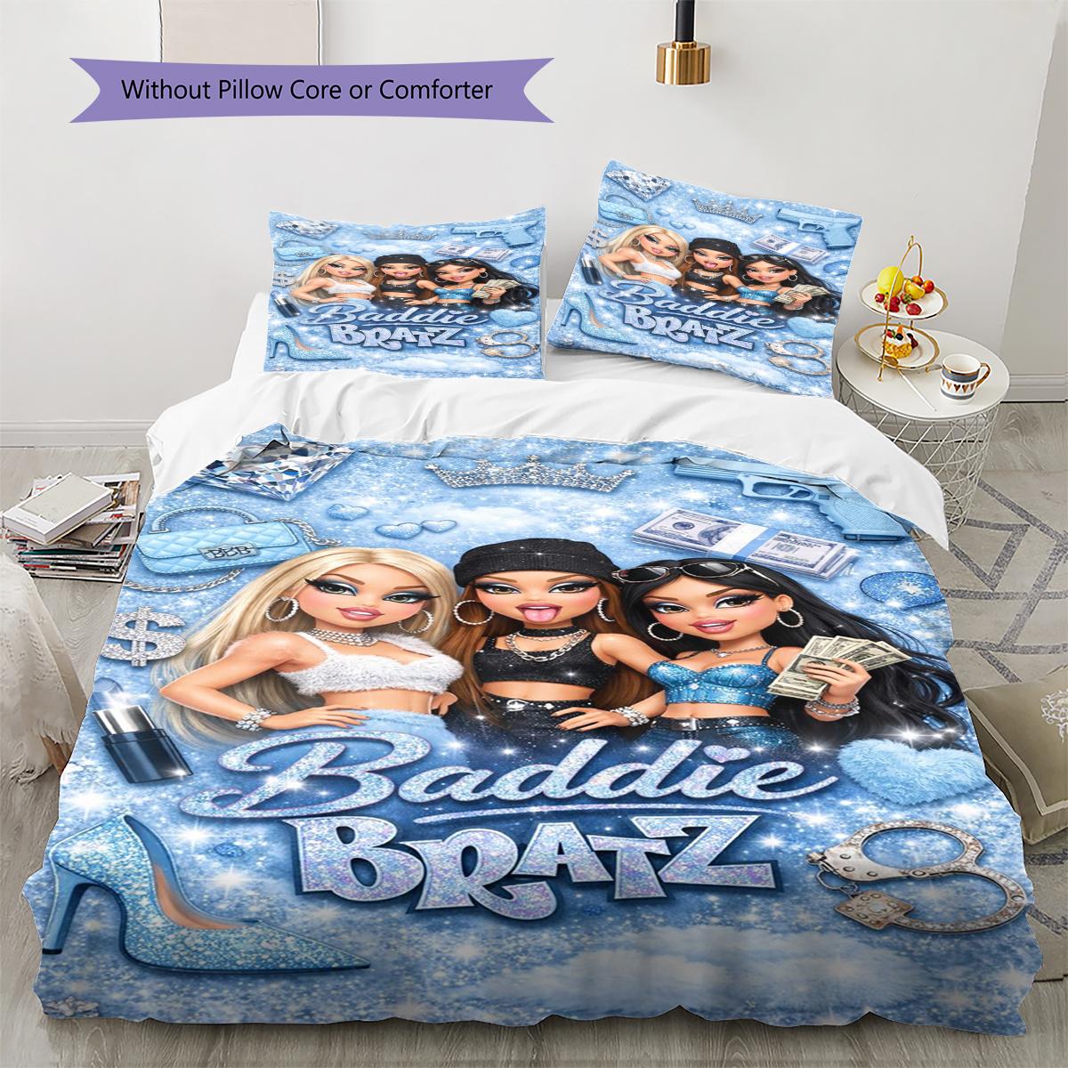 

Постельное белье с принтом кукол Bratz, комплект одеял, пододеяльник, наволочка, домашний декор, подарок (1 пододеяльник + 2 наволочки, без наполнителя) 135x200cm