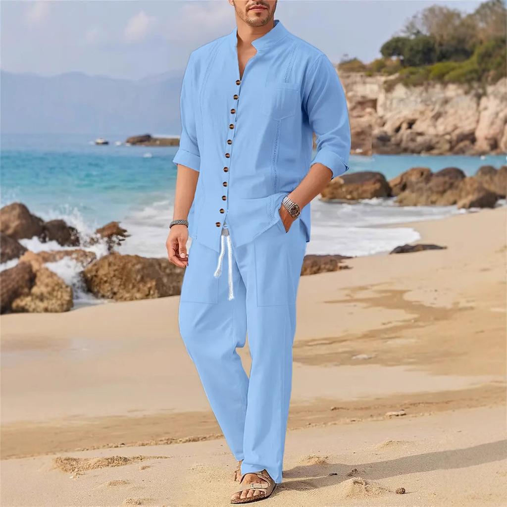 Men's Shirt And Trousers Suit Men's Casual Loose Long Sleeved Trousers Beach Suit