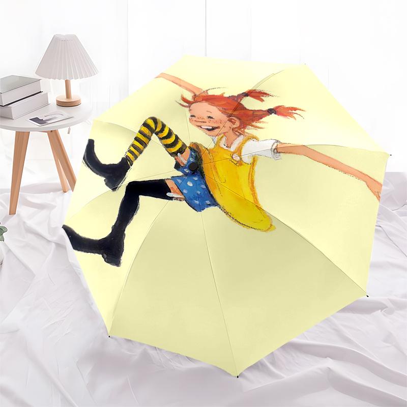 Pippi Longstocking Themed Travel Umbrella-8 Ribs Automatic Opening and Closing, Portable Folding Design, Compact and Stylish Umbrella Suitab