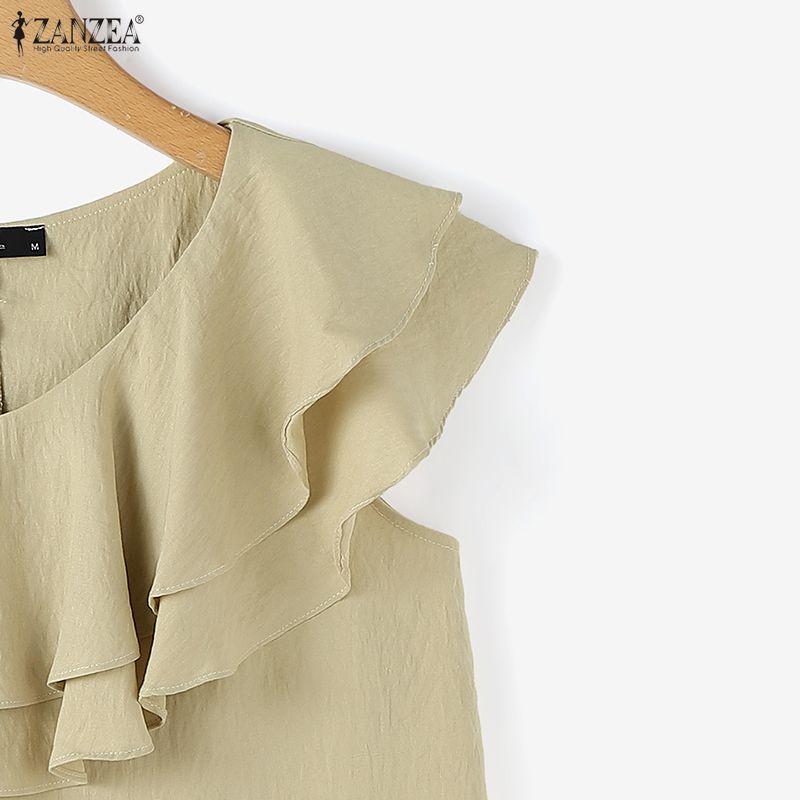 ZANZEA Women Ruffles Round Neck Loose Casual Sleeveless Blouse