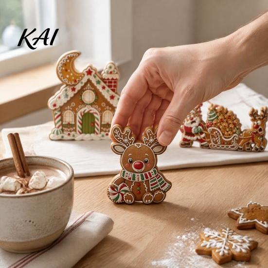 Christmas Party Supplies 3Pcs Gingerbread House/Elk/Santa Claus Ornaments, Tiered Tray Decor, Holiday Desktop Decorations Rustic Wooden Figurines for