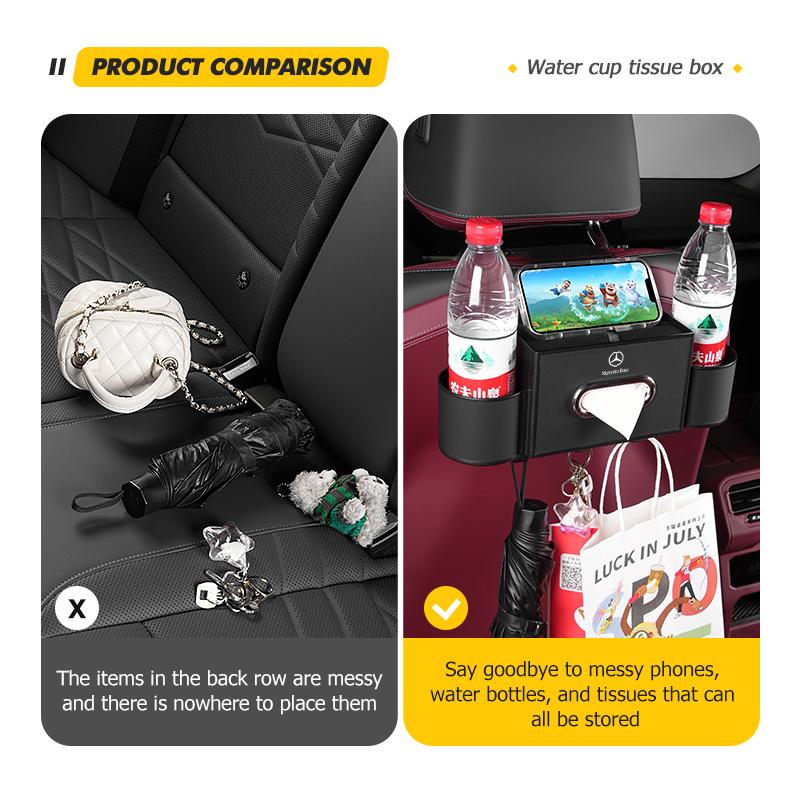WUL5 Car Backseat Storage Box Hanging Hook Tissue Water Cup Holder For Mercedes Benz C180 C300 W124 W176 W177 C200 C260 GLC CLE CLA