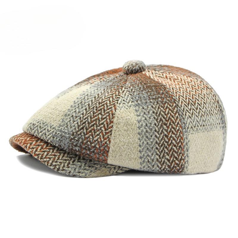 

British Vintage Plaid Newsboy Cap for Men Women Autumn Winter Warm Herringbone Baker Boy Hat Fashion Octagonal Painter Hat Elastic band, about 55-59cm хакі
