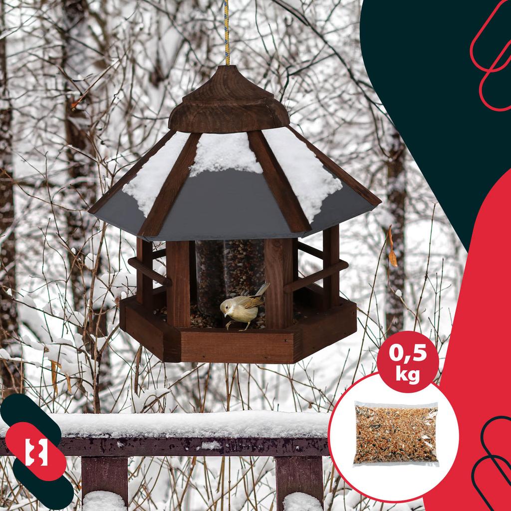 Kotarbau® Suspended Bird Feeder With Dispenser For The Balcony For The Garden Hexagonal Wood 310 X 285 Mm + Feed 0.5 Kg