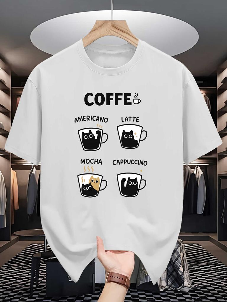 Unisex Orange Tee Cute Coffee Cup Black Cat Letter Slogan Graphic Print Crew Neck Short Sleeve Summer Casual Male Cotton Street Top