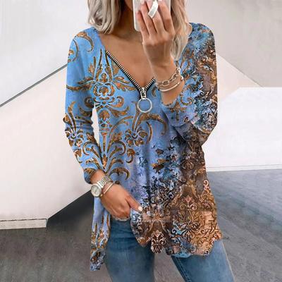 Camisetas Femininas Criativas de Outono com Estampa de Imagem Retrô, Manga Longa, Soltas, Decote em V, Tamanho Plus, Tops de Camiseta, Blusa Confortável