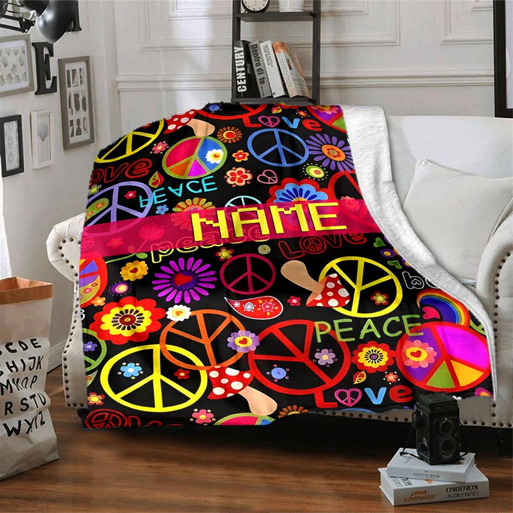 Hippie Peace Love Flowers Mushrooms Multipurpose Customizable Blanket Personalized Name Warmthful Decor For Sofa Couch Office Bed Picnics For All
