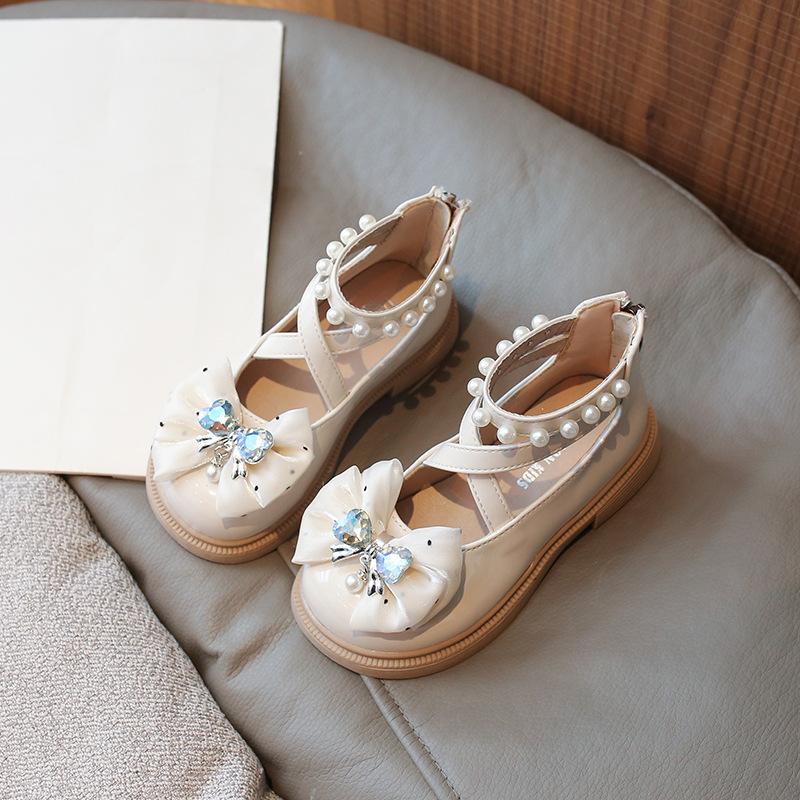 Girls Pearl Bow Decor Back Zipper Mary Jane Casual Princess Shoes 21 бежевый