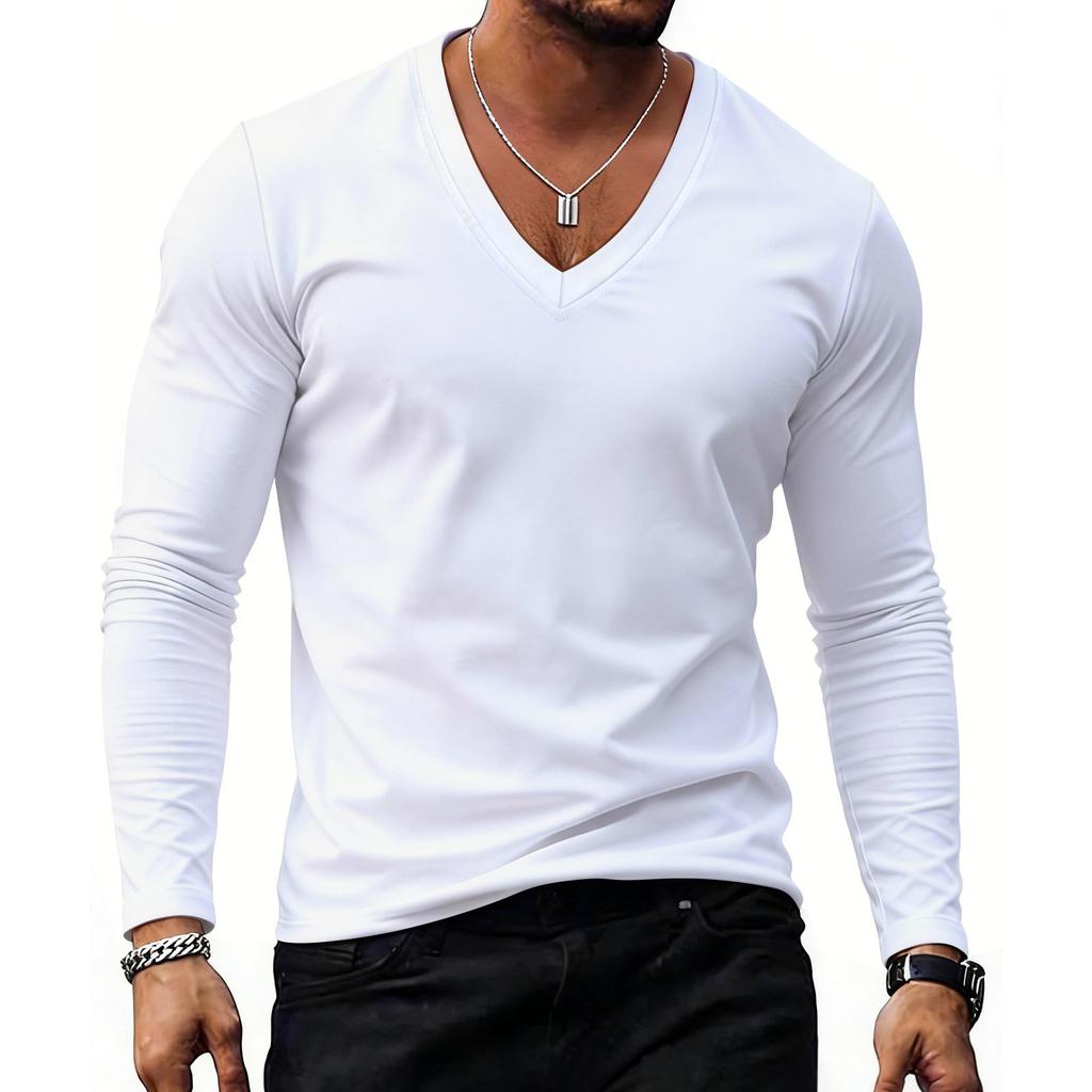Casual sportief ondershirt voor heren, V-hals top met lange mouwen