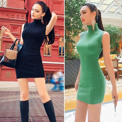 Turtleneck Elegant Pencil Dresses For Women O Neck Sleeveless Knitt Hip Mini Dress