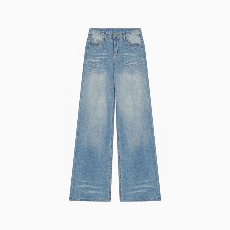 Comfortable Nostalgia Large Size Washed Crease Wide Leg Jeans Women High-waisted Loose Straight Milled White Trailing Floor Trousers Long Denim Pants
