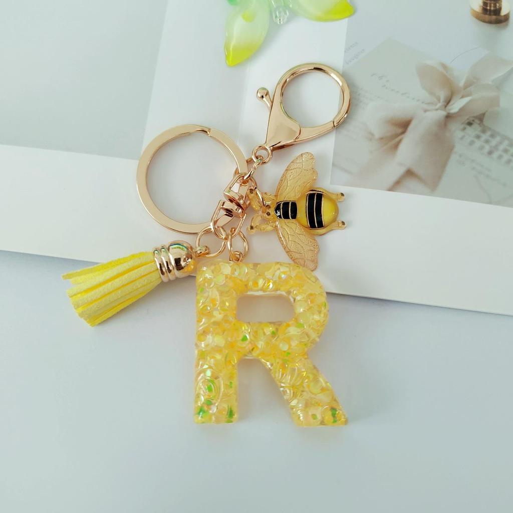 Yellow Bee Resin Glitter Letter Keychain Pendant Ornament