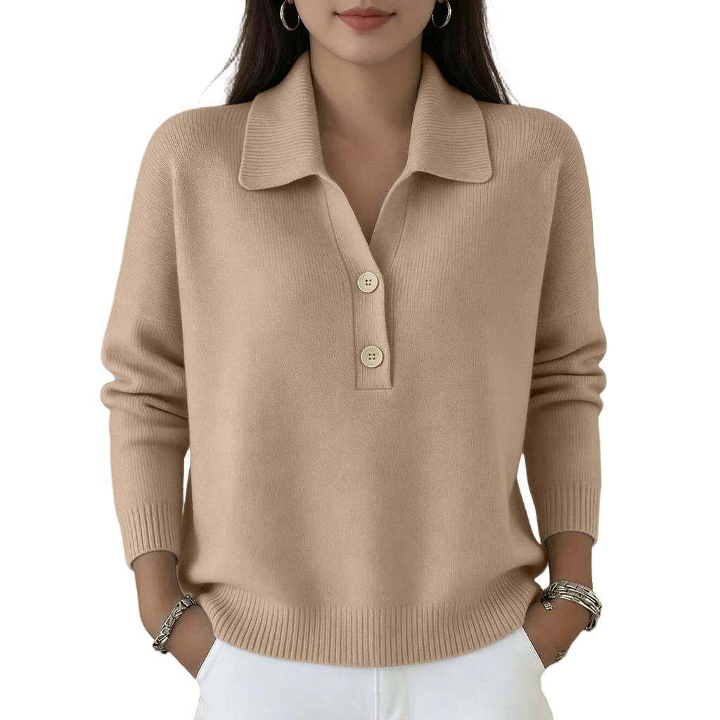 Women's Long Sleeve Knit Sweater Loose Fit Button Front Polo Collar Casual Pullover Top Lightweight Soft Fabric Comfortable Wear