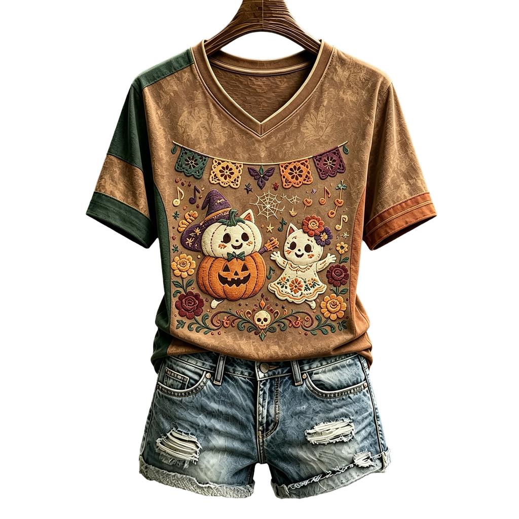 Women's Halloween Print V-Neck T-Shirt Casual Pullover Top